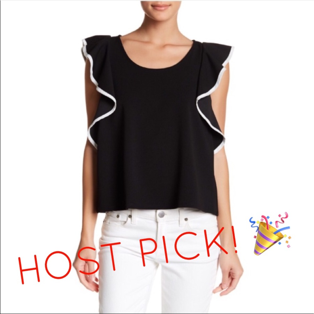 Vanity Room flutter sleeve black and white blouse